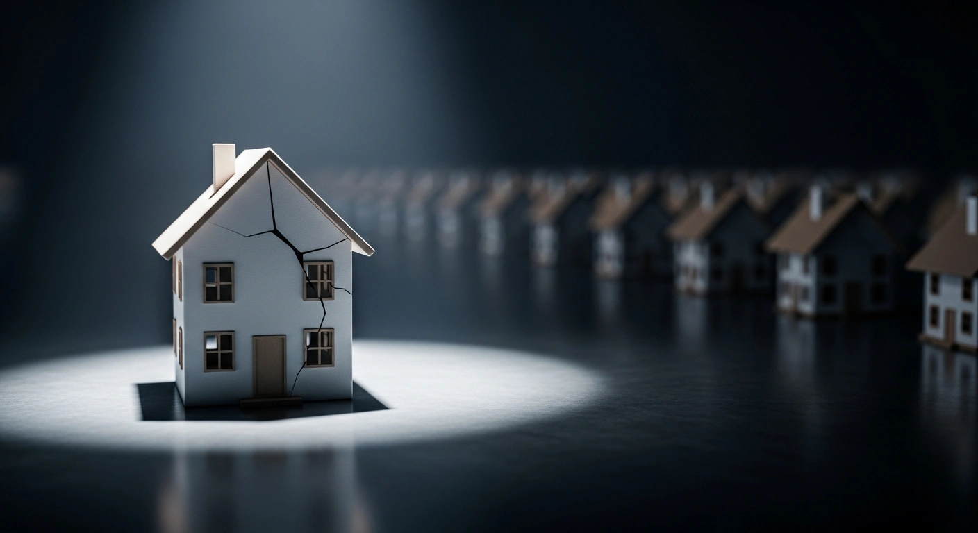 A miniature house model, cracked and leaning precariously on a dark surface, with numerous similar out-of-focus house models in the background, depicting the decline in UK new seller asking prices in November 2025 amidst market speculation and a high volume of available homes.