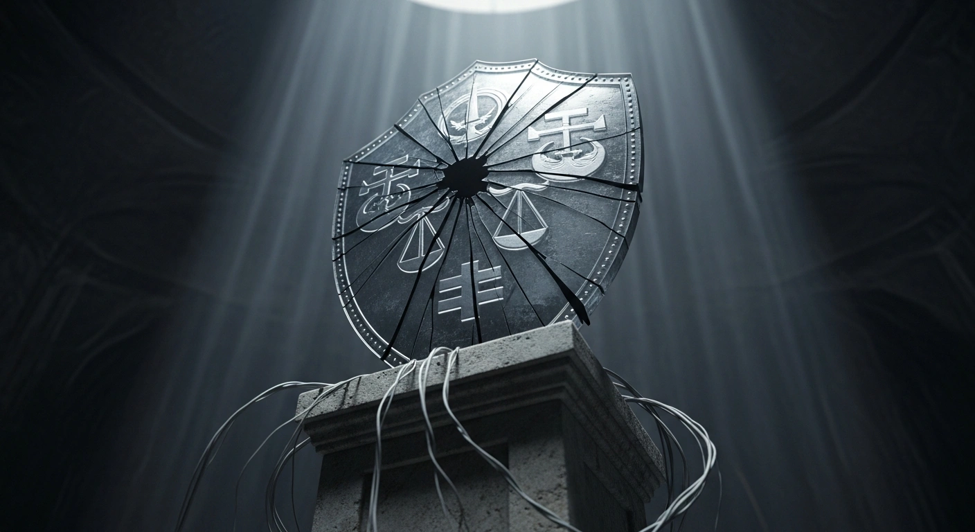 A grand, ornate glass shield, etched with symbols of justice and equality, stands precariously on a weathered stone pedestal, illuminated by stark, cold light that highlights deep, spreading cracks, while swirling, indistinct shadows press inward around its base, symbolizing rising racial tensions and undermined protections in the UK.