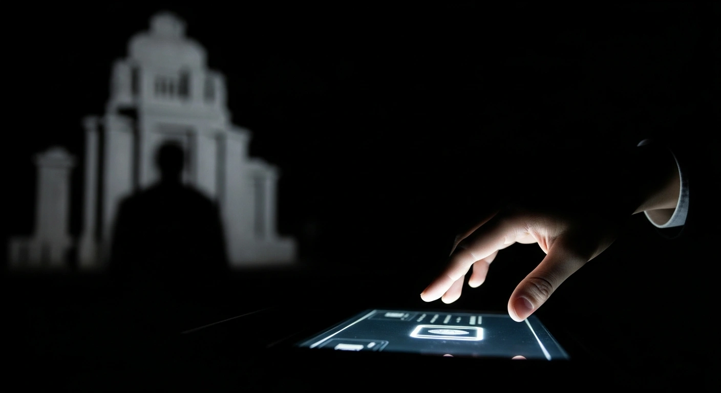 A pale, illuminated hand hovers over a glowing, abstract digital interface, symbolizing online gambling, while a monolithic, official building casts a long, oppressive shadow in the background, representing government scrutiny and potential tax increases.