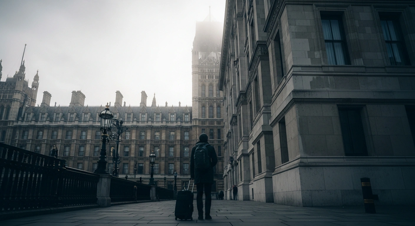 A lone traveler stands before a historic UK government building, representing the impact of new immigration policy changes on work and family visas.