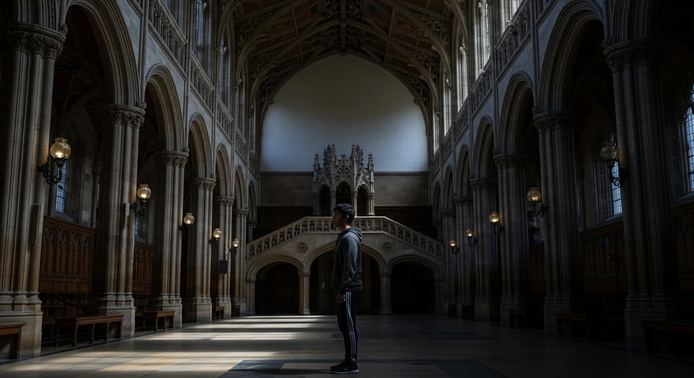 A young, non-EU student stands alone in a grand, dimly lit British university hall, their posture reflecting anxiety over sweeping UK immigration reforms, including changes to the Graduate Route visa and post-study work prospects.