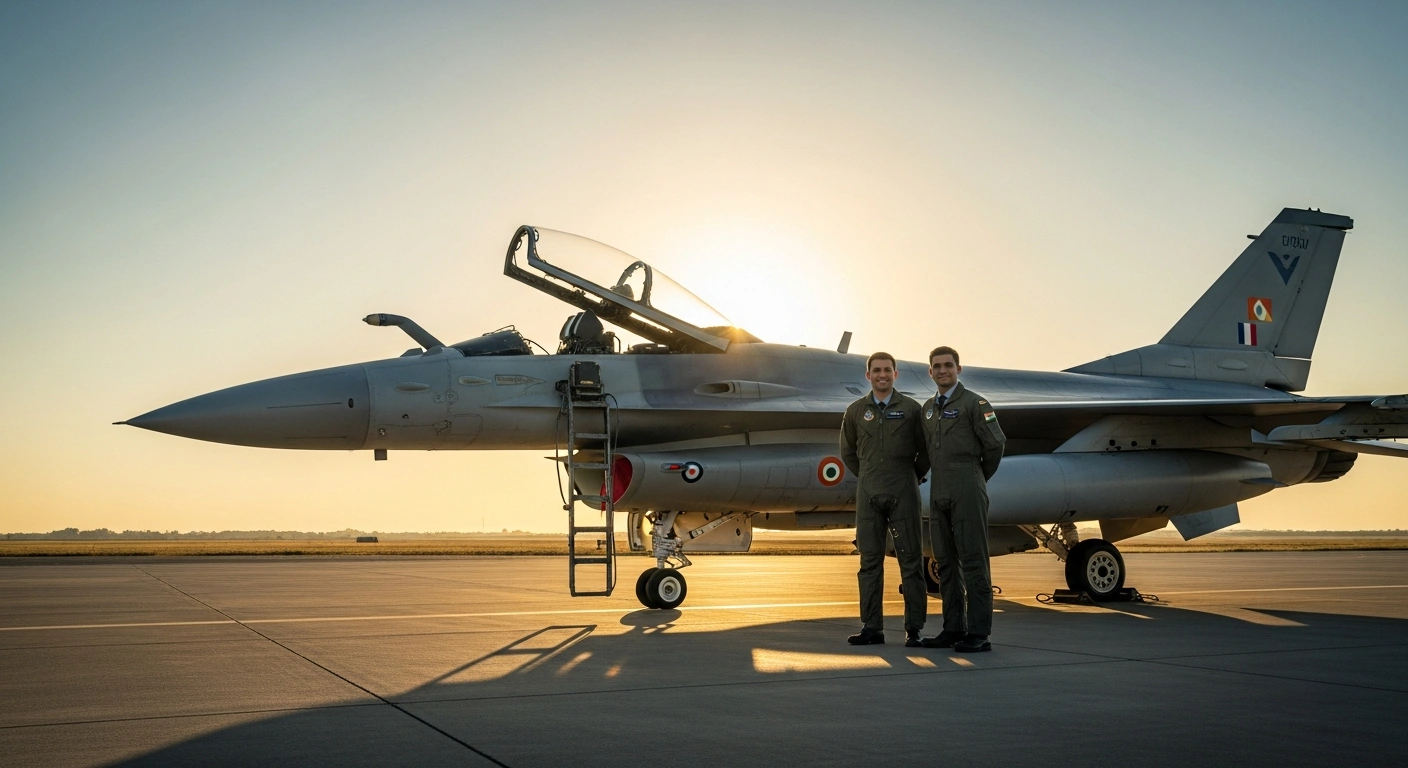 A Royal Air Force pilot and an Indian Air Force pilot stand together on an airfield as part of a new bilateral defence training partnership.