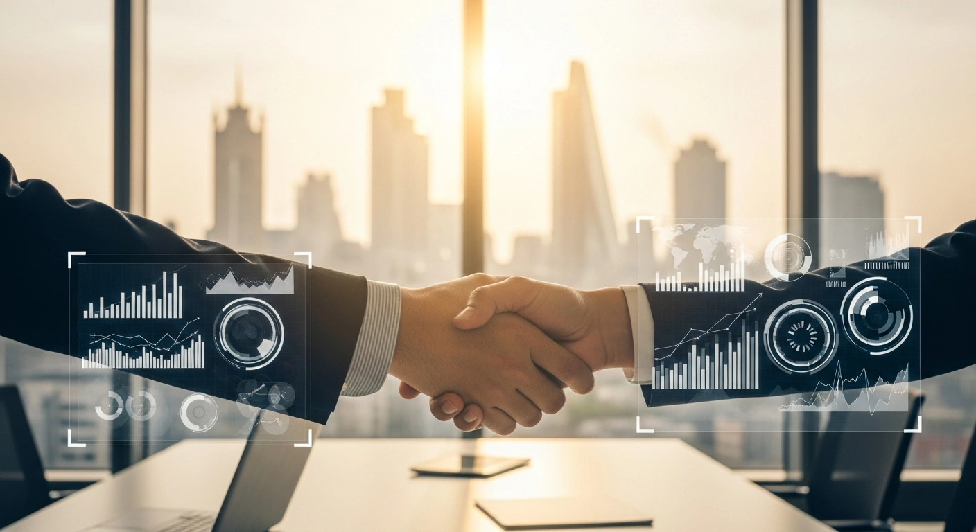 Two professionals shake hands in a modern office to represent the finalized trade agreement between the United Kingdom and India.