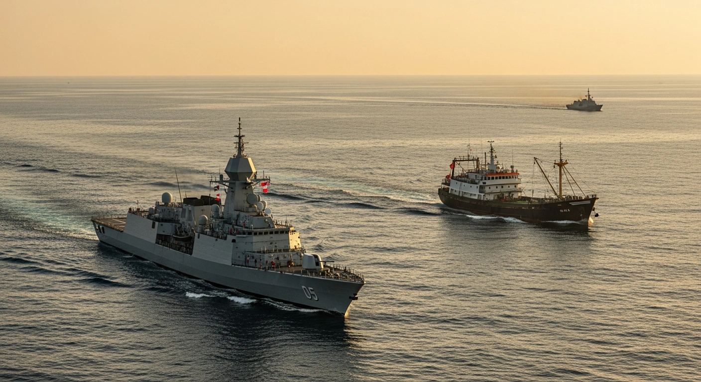 A modern naval frigate and a state-of-the-art fishing trawler sail together on calm Indo-Pacific waters at sunset, symbolizing the United Kingdom and Indonesia's £4 billion Maritime Partnership Programme to develop naval capabilities and fishing fleets.