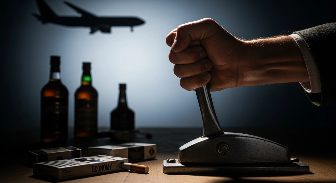 A weathered hand struggles to push down a rising metallic lever, symbolizing the UK's Consumer Prices Index (CPI) inflation rate increasing to 3.4% in December 2025, driven by higher prices for alcohol, tobacco, and airfares, complicating the Bank of England's efforts.