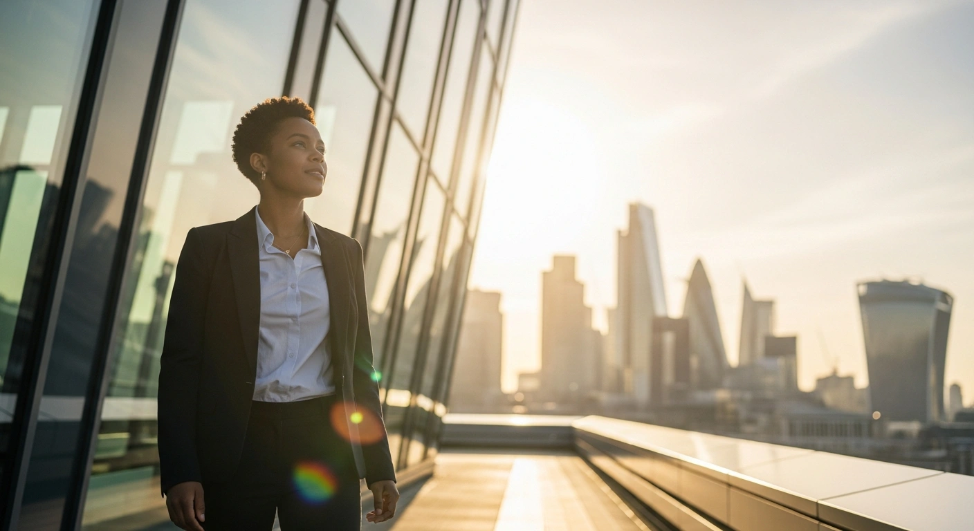 A diverse young professional stands on a modern London rooftop at sunset, looking towards the city skyline, representing an international student transitioning to an Innovator Founder visa to establish an innovative business in the UK.