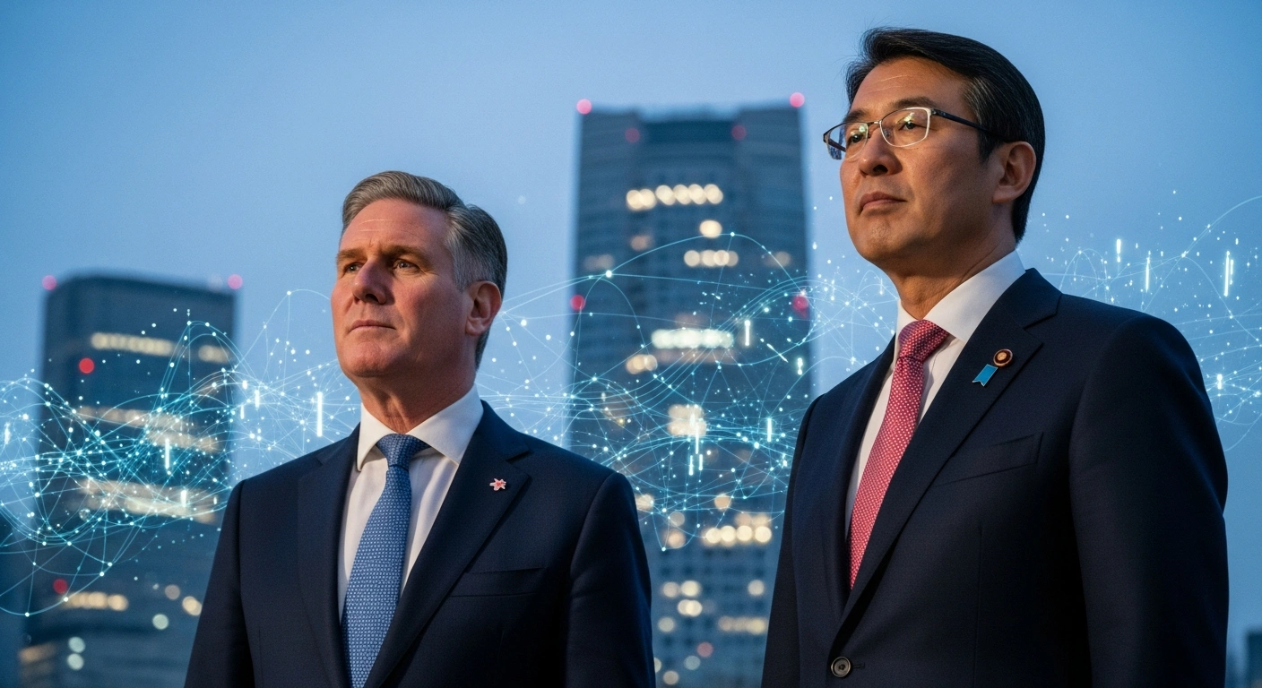 UK Prime Minister Keir Starmer and Japanese Prime Minister Sanae Takaichi stand together in Tokyo, their expressions resolute, with a subtly integrated digital cityscape in the background, symbolizing their new Strategic Cyber Partnership and strengthened cooperation.