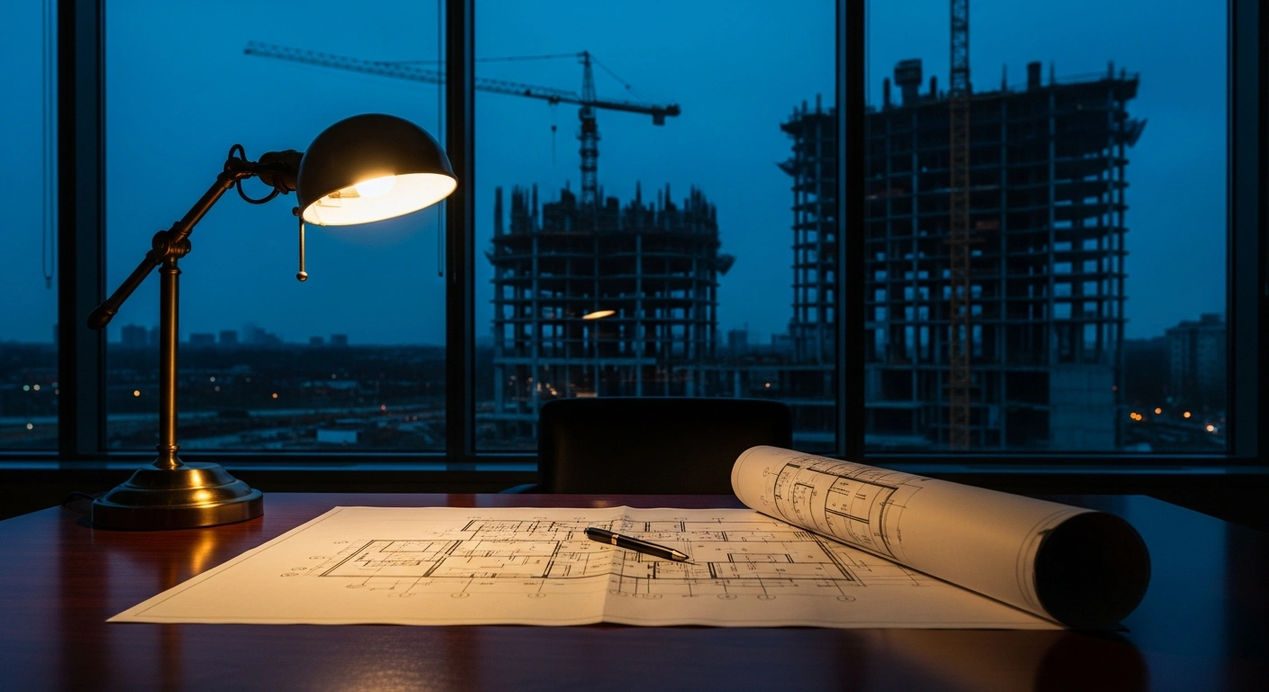 A professional desk featuring architectural blueprints with a construction site visible in the background, representing the UK government's consultation on judicial review reforms for infrastructure projects.