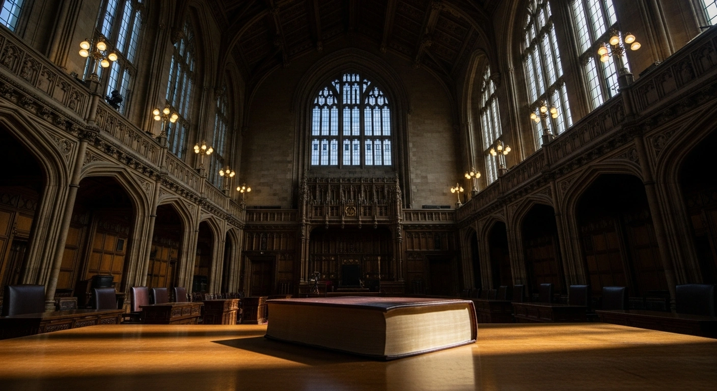 A solemn, low-angle view of a grand parliamentary chamber, featuring ornate gothic architecture and an overcast sky, where a powerful beam of light illuminates a heavy legal tome on a polished wooden table, symbolizing the scrutiny of the UK's Victims and Courts Bill and its criminal justice reforms aimed at bolstering victim protection and judicial authority.
