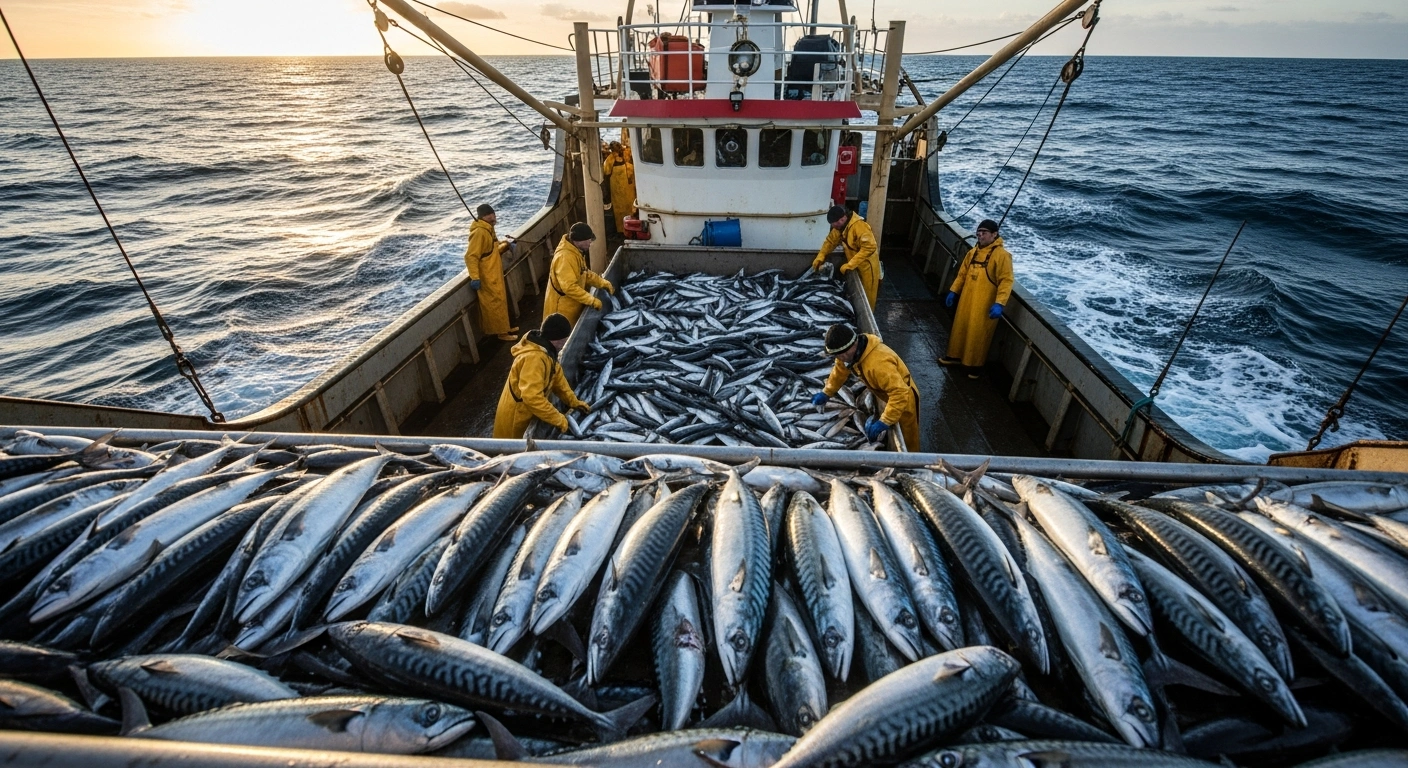 A British fishing boat crew sorts a fresh catch of mackerel on the deck of a trawler in UK waters following a government quota increase.