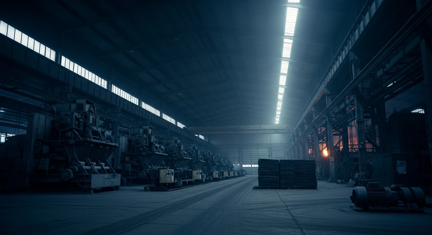A dimly lit industrial factory floor represents the economic pressure and rising cost inflation currently impacting UK manufacturers.