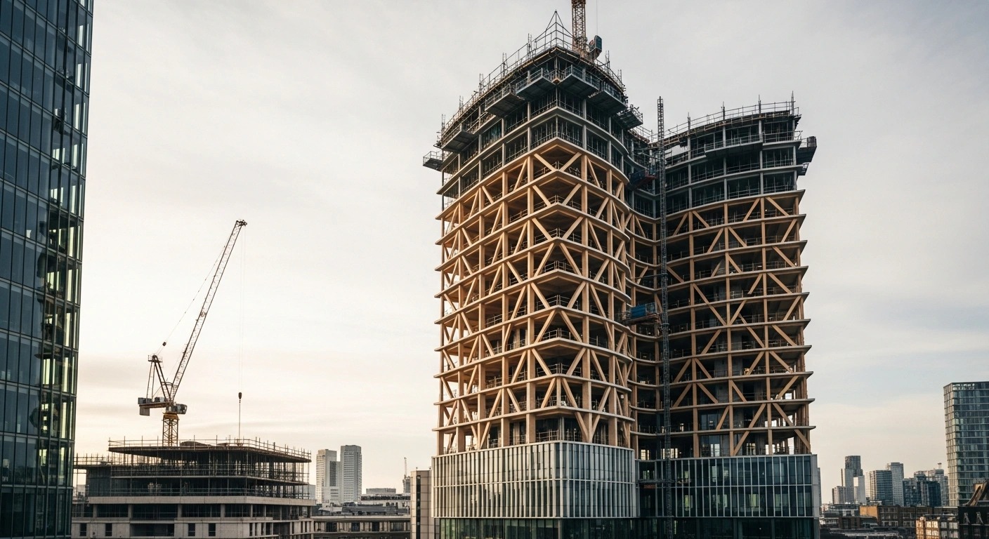 A modern construction site in the United Kingdom showcases the use of cross-laminated timber as a sustainable alternative to steel and concrete in a new building project.