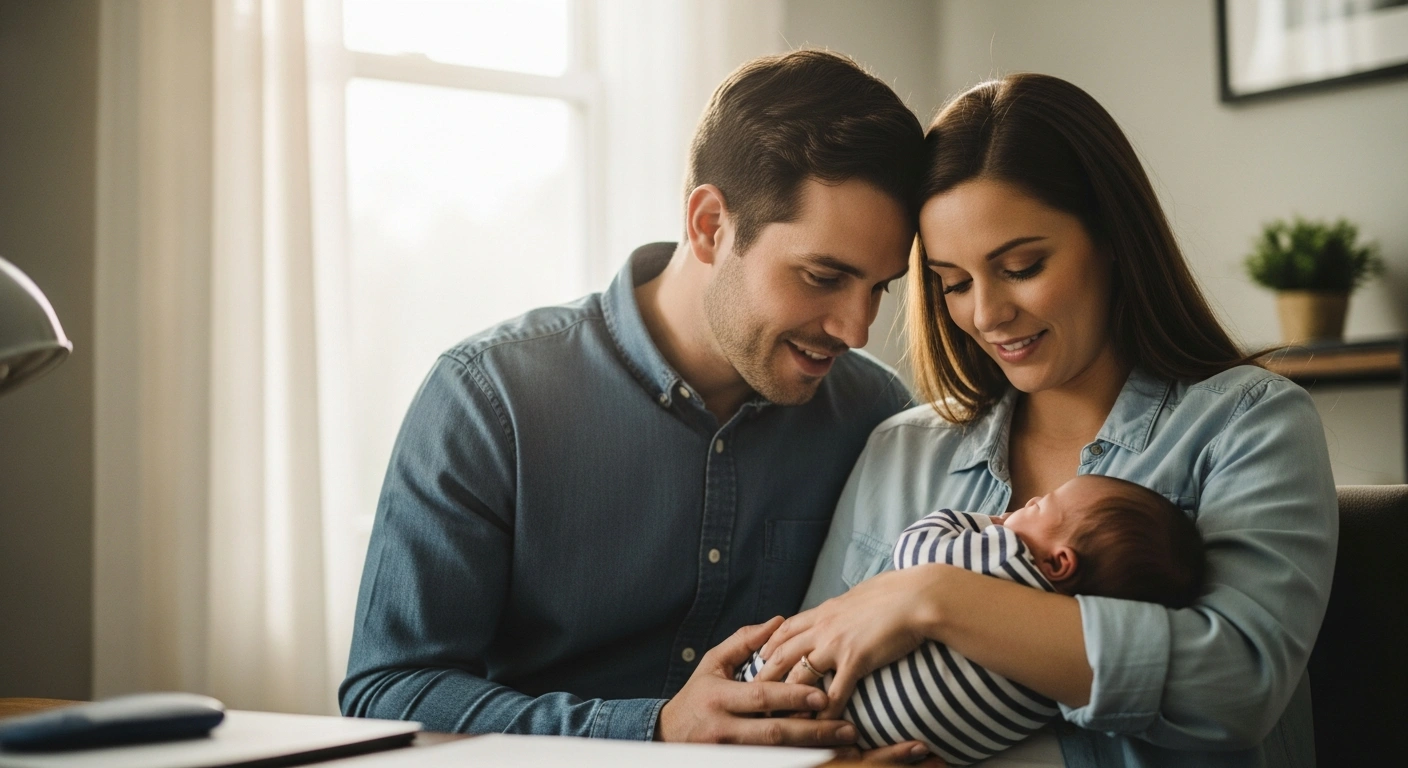 A young couple holding their newborn baby in a bright home office represents the impact of new UK employment regulations on statutory maternity and paternity pay.