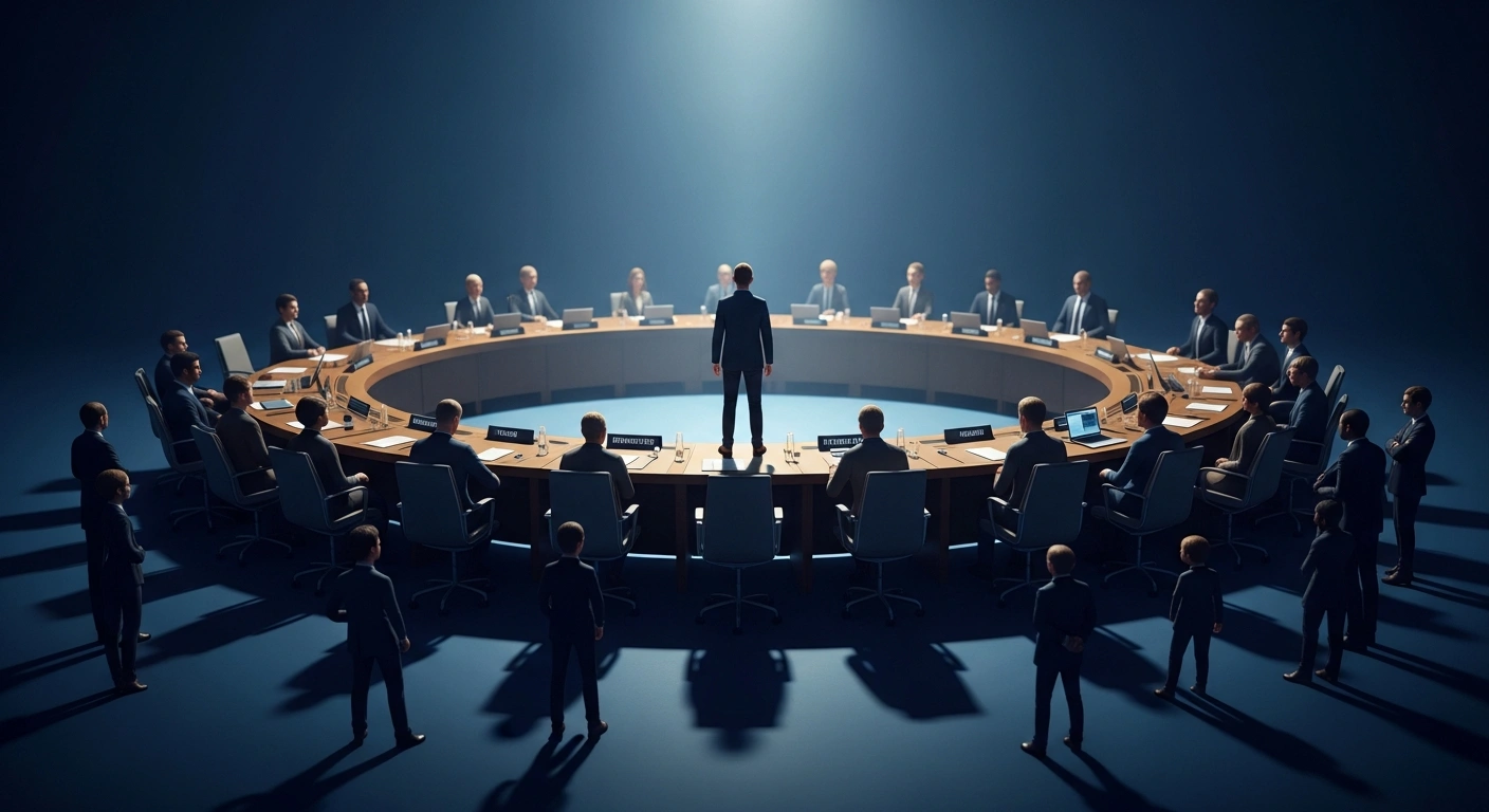 A cinematic low-angle shot depicts a resolute figure, representing the United Kingdom, standing at a grand conference table, surrounded by a diverse group of figures symbolizing 51 nations, under dramatic lighting, illustrating the UK's return to co-chairmanship of the Media Freedom Coalition.