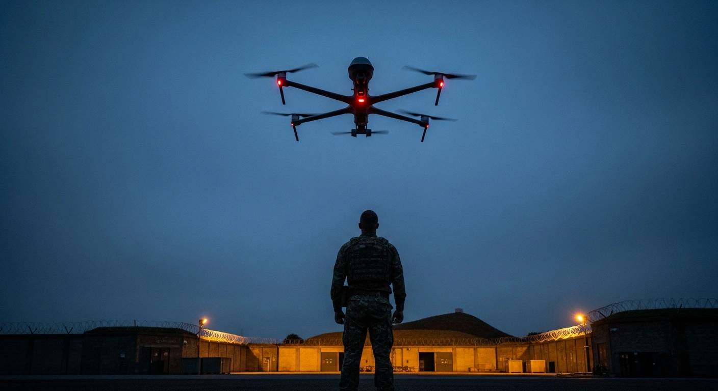 A low-angle, wide shot depicts a sophisticated drone silhouetted against a twilight sky above a dimly lit UK military base, with a uniformed figure looking up, symbolizing heightened national security concerns following numerous drone sightings near military establishments.