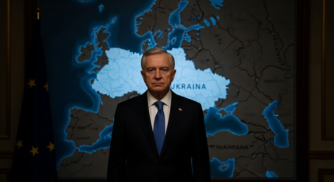UK Minister of State for Defense Luke Pollard stands resolutely before a map of Eastern Europe, symbolizing the United Kingdom's commitment of over $16 billion in military support to Ukraine following a meeting of E5 defense ministers in Kraków.