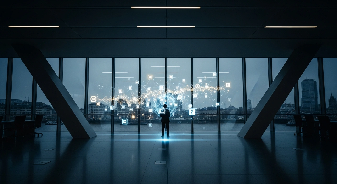 A government official stands in a modern office overlooking London while observing a glowing digital representation of artificial intelligence networks.