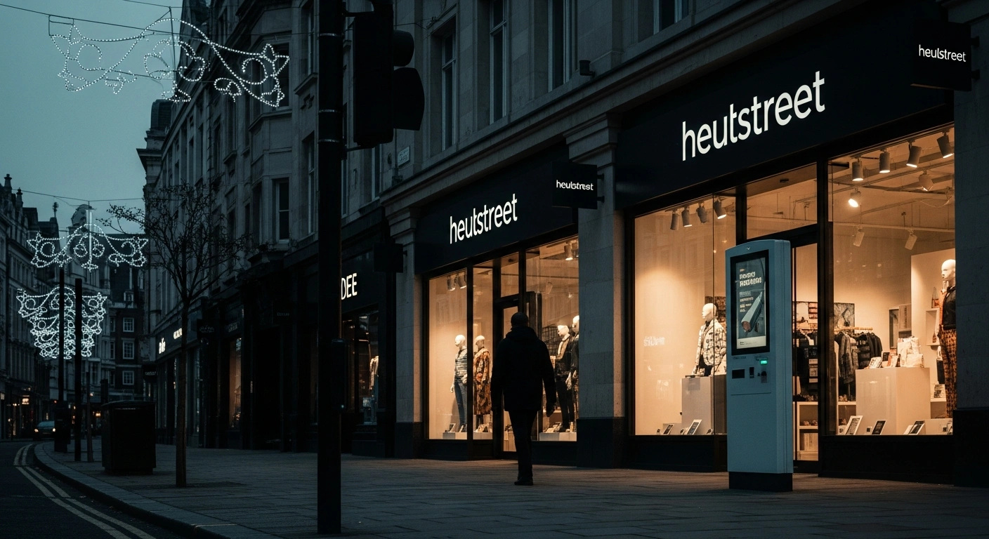 A commuter walks past a modern mobile kiosk in a British city, representing the shift of UK mobile subscribers to lower-cost network providers in 2025.