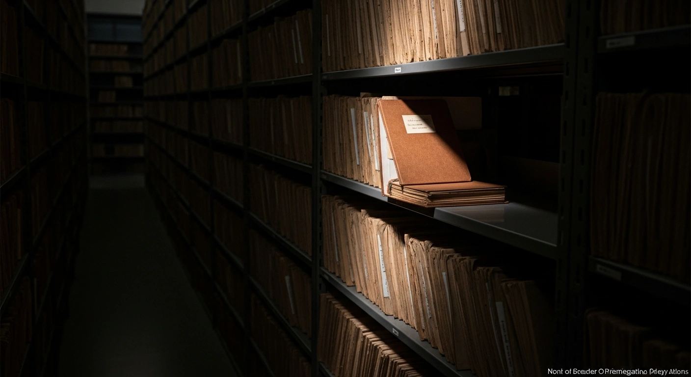 A dimly lit, dusty archive room with towering shelves of old files, where a single beam of light illuminates an aged, partially open ledger, symbolizing the UK Ministry of Defence's investigation into Jeffrey Epstein's alleged use of Royal Air Force bases for sex trafficking.