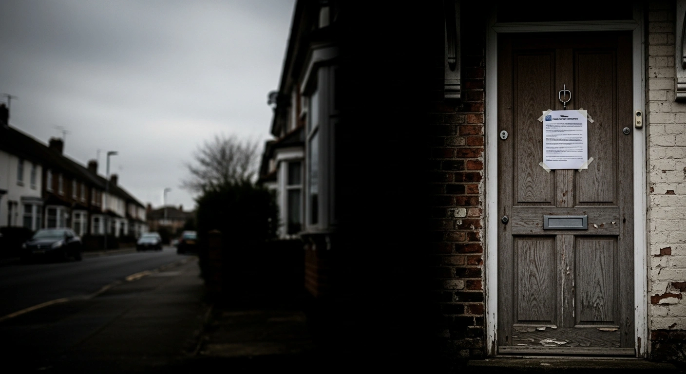 A weathered front door of a British home displays a notice, symbolizing the rise in UK mortgage property repossessions due to financial pressure.