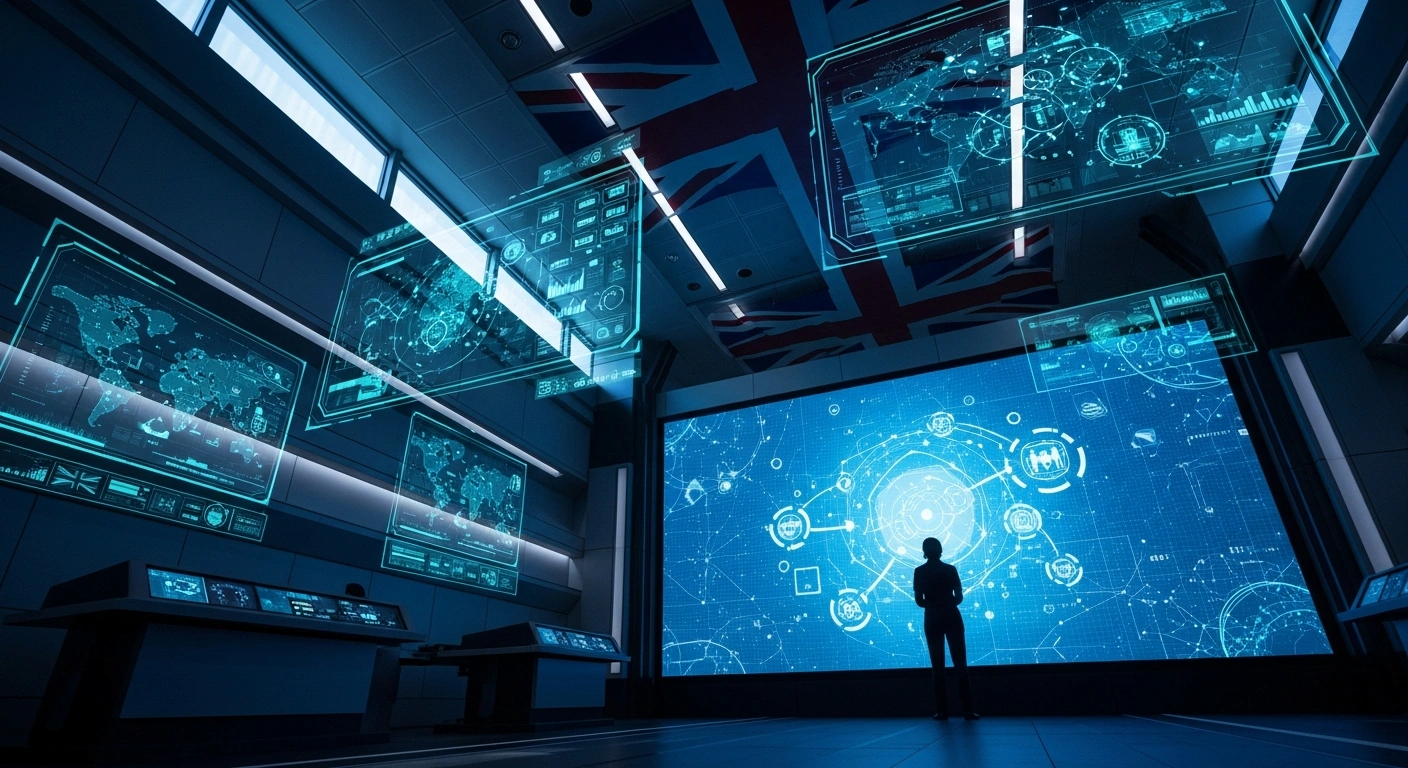A dramatic, low-angle shot of a futuristic command center, illuminated by cool blue light from holographic displays showing complex data, with a silhouetted figure in the foreground, visually representing the UK Home Office's new National Police Service, or 'British FBI', centralizing efforts against serious crimes.