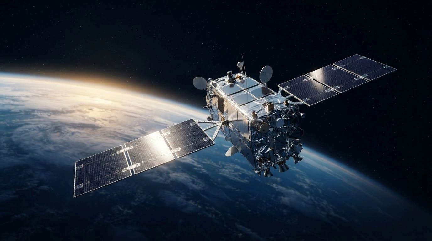A modern satellite orbits the Earth as part of the United Kingdom's new national space strategy to enhance orbital capabilities.