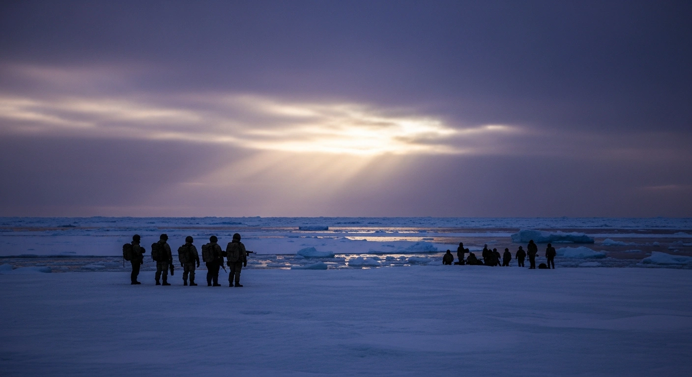 A small group of figures in cold-weather gear stands on an ice-covered Arctic fjord at twilight, looking towards the horizon, symbolizing UK and NATO discussions on enhanced deterrence against Russian activity in the High North, including potential troop deployment to Greenland.