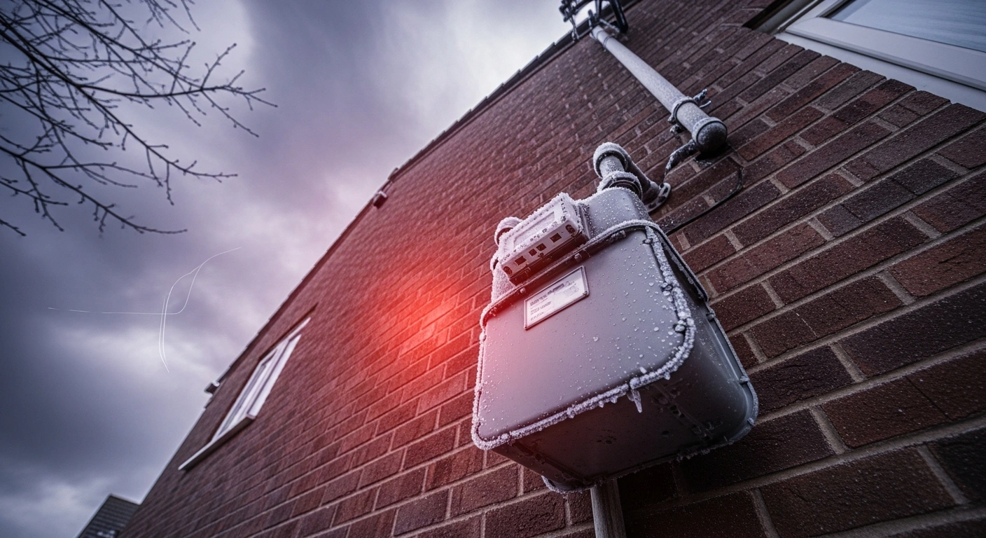 A frost-covered natural gas meter on the side of a brick UK home, illuminated by an ominous red glow under a turbulent, purple-grey sky, visually represents the surge in UK wholesale natural gas prices driven by colder weather, geopolitical tensions, and tightening global LNG supplies, threatening higher energy bills for consumers.