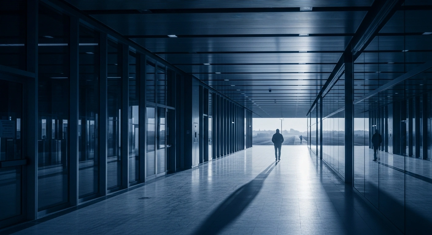 A solitary figure walks through a modern border facility, representing the significant decline in net migration to the United Kingdom following new government visa policies.