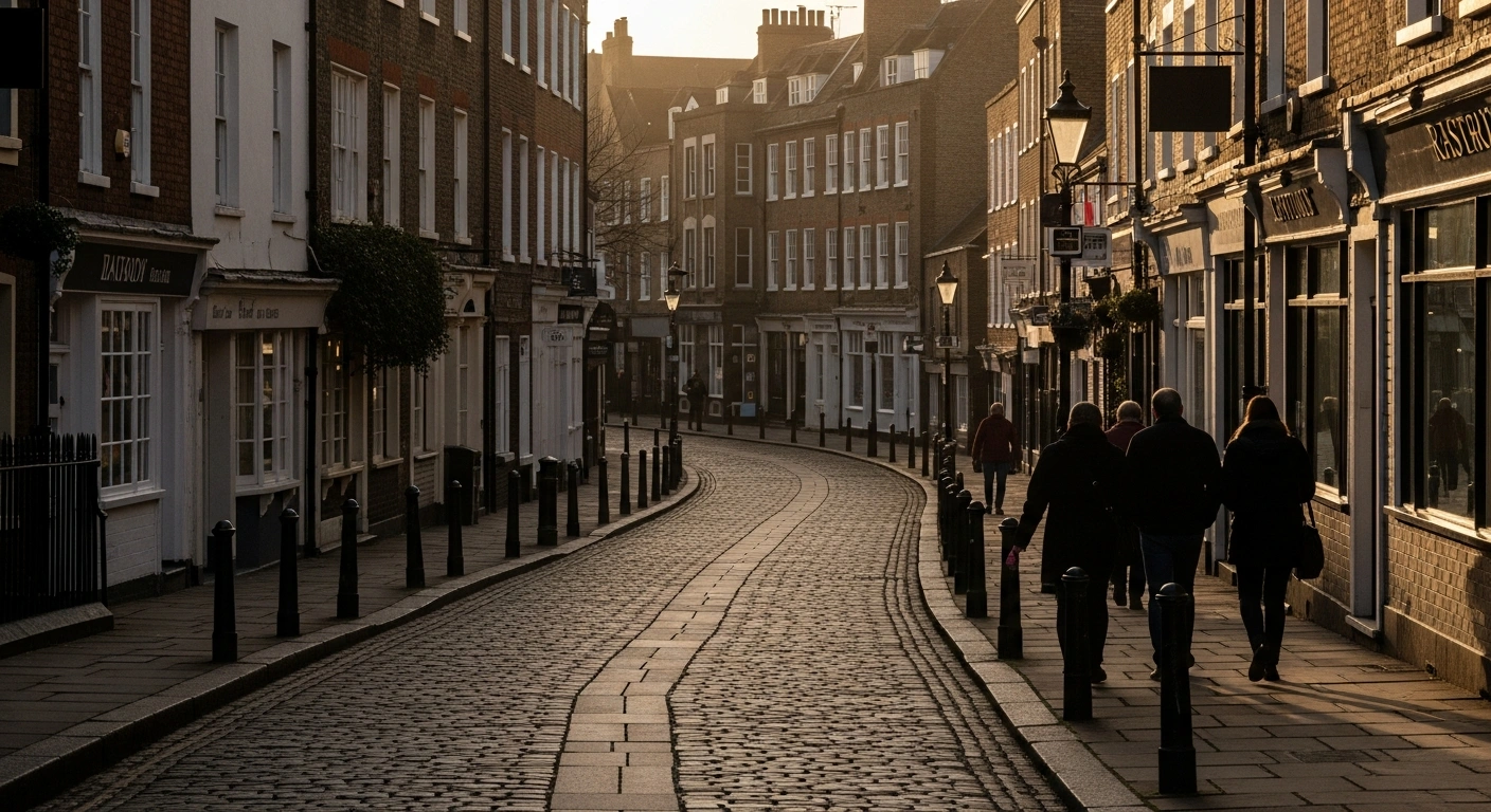 A quiet British street scene at dusk, depicting a subtle decline in net migration figures to pre-Brexit levels, with people in the foreground walking by, unaware of the significant trend in the UK.