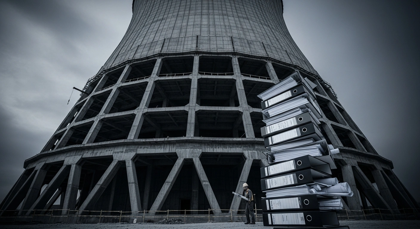 A colossal, half-built nuclear power plant cooling tower stands under a bleak, grey sky in the United Kingdom, with a small figure dwarfed by a towering stack of blueprints and regulatory documents at its base, symbolizing the high costs and complex bureaucracy in nuclear construction.