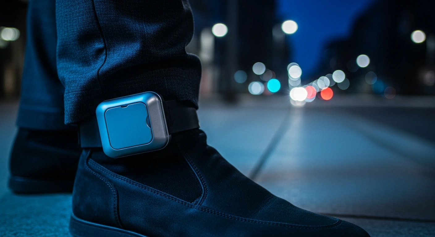 A close-up view of a modern electronic GPS and alcohol monitoring tag worn on an individual's ankle to track high-risk offenders.