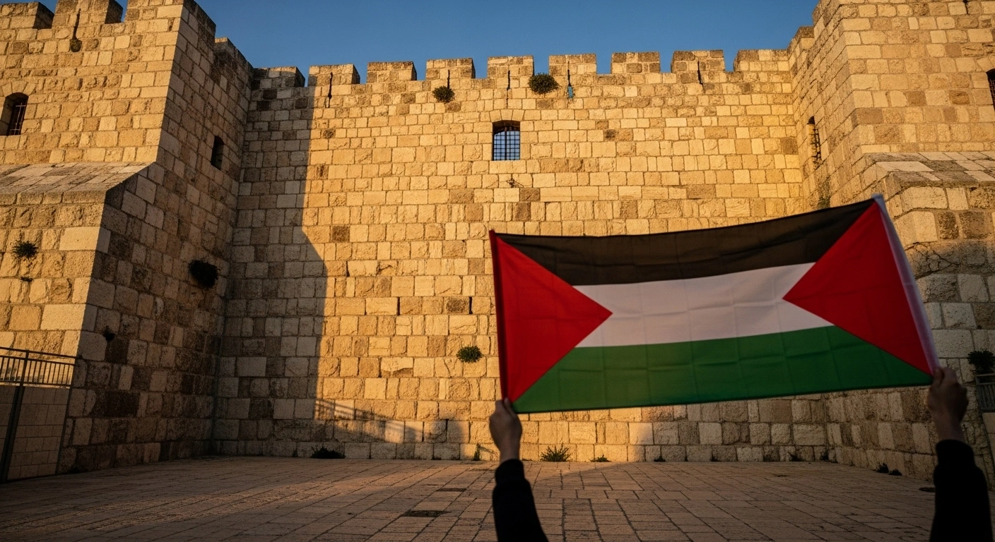 A flag with colors resembling the Palestinian flag is held aloft against an ancient stone wall at dawn, symbolizing the United Kingdom's impending formal recognition of the state of Palestine, influenced by conditions related to Gaza, a ceasefire, and a two-state solution.