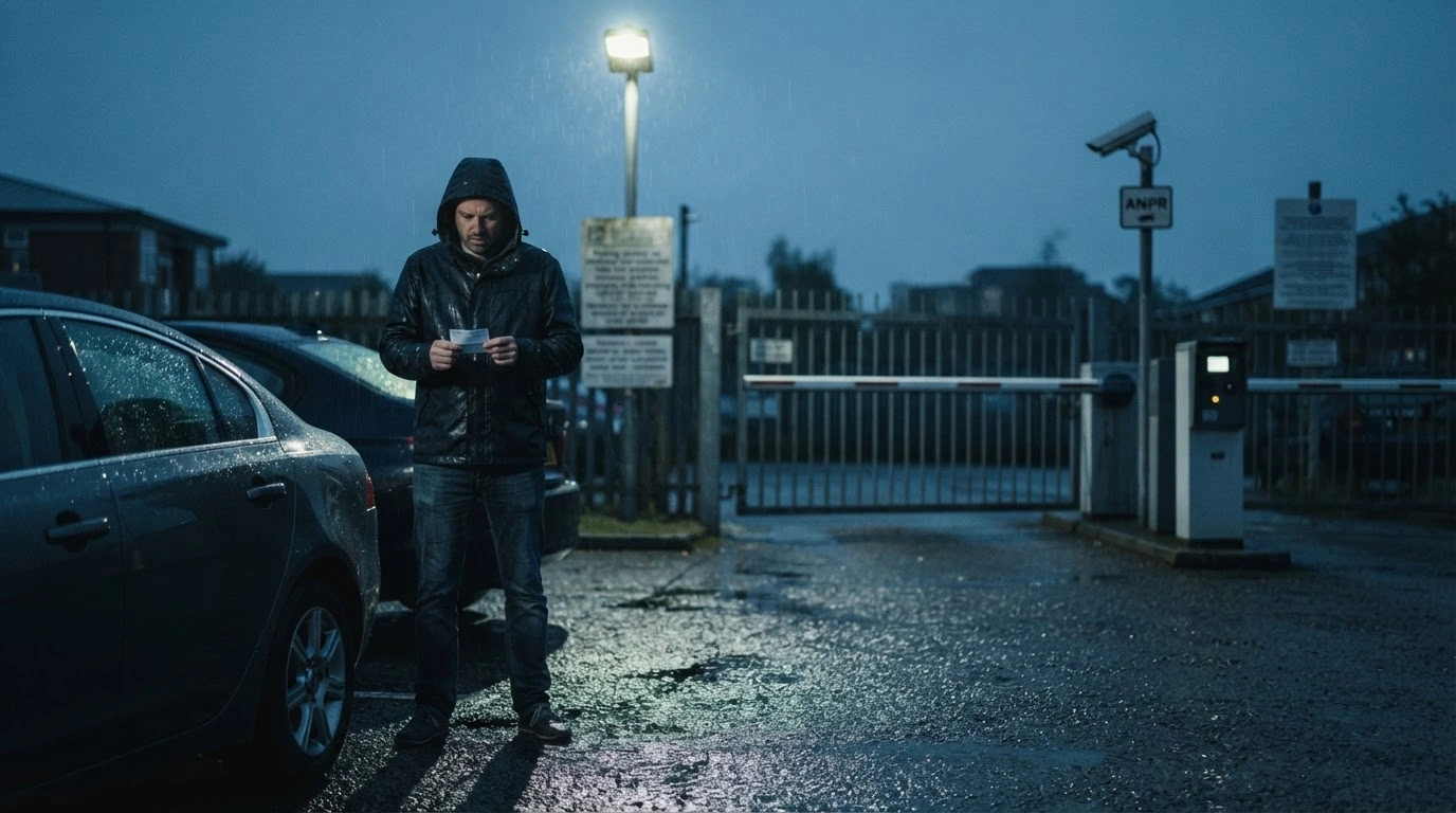 A motorist stands in a dark parking lot as the UK government introduces new measures to regulate predatory private parking practices and aggressive enforcement.