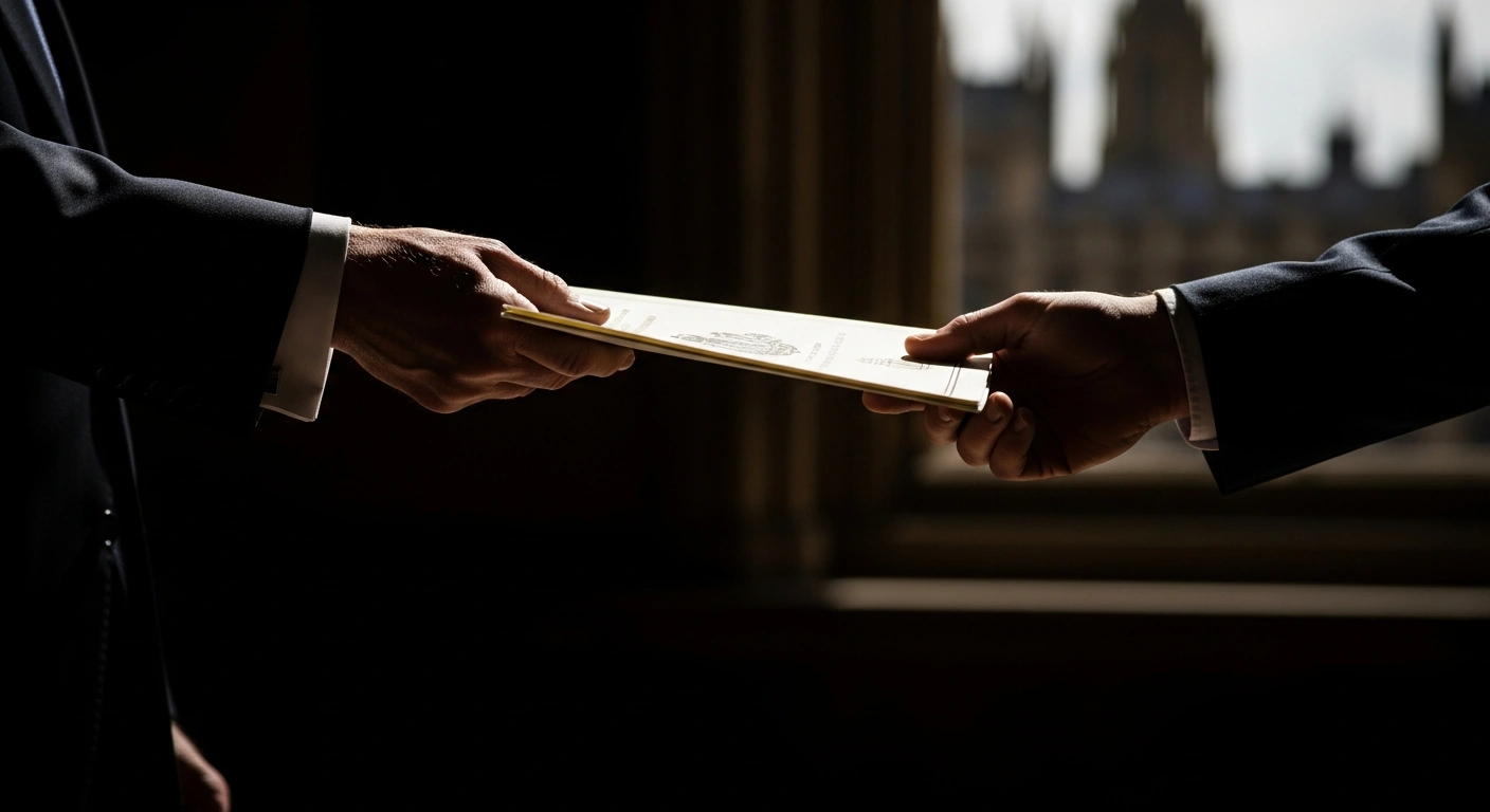 A symbolic image depicting the transfer of an official document from an older hand to a younger hand, representing the UK government's plan to abolish Police and Crime Commissioners in England and Wales by 2028 and transfer their powers to elected mayors and council leaders, aiming to save £100 million and redirect £20 million annually to frontline policing.