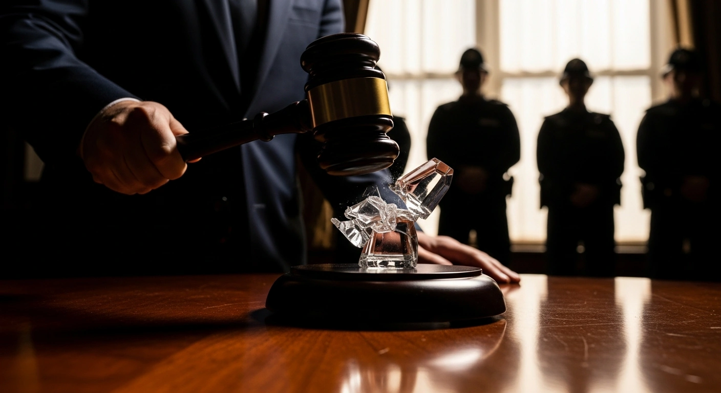A heavy wooden gavel is captured mid-swing, about to shatter a delicate glass figure on a polished mahogany table, symbolizing the UK government's abolition of Police and Crime Commissioners, with silhouetted police constables standing in the softly lit background representing the funding of new officers.