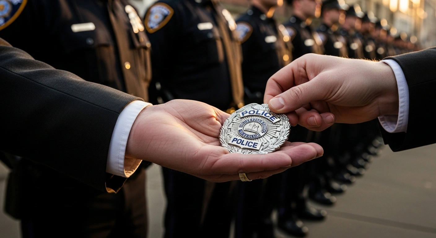 A symbolic image depicting a tarnished police badge being transferred from one hand to another, with a line of uniformed police officers in the background, representing the abolition of Police and Crime Commissioners and the reallocation of funds to front-line policing in the UK.