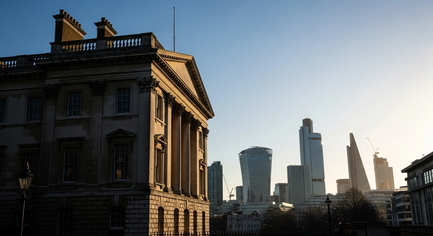 A low-angle, wide shot depicts a grand, weathered classical British building partially in shadow, with a sleek, modern city skyline rising behind it against a brightening dawn sky, symbolizing the UK government's plan to abolish Police and Crime Commissioners and transfer powers to elected mayors and local councils.