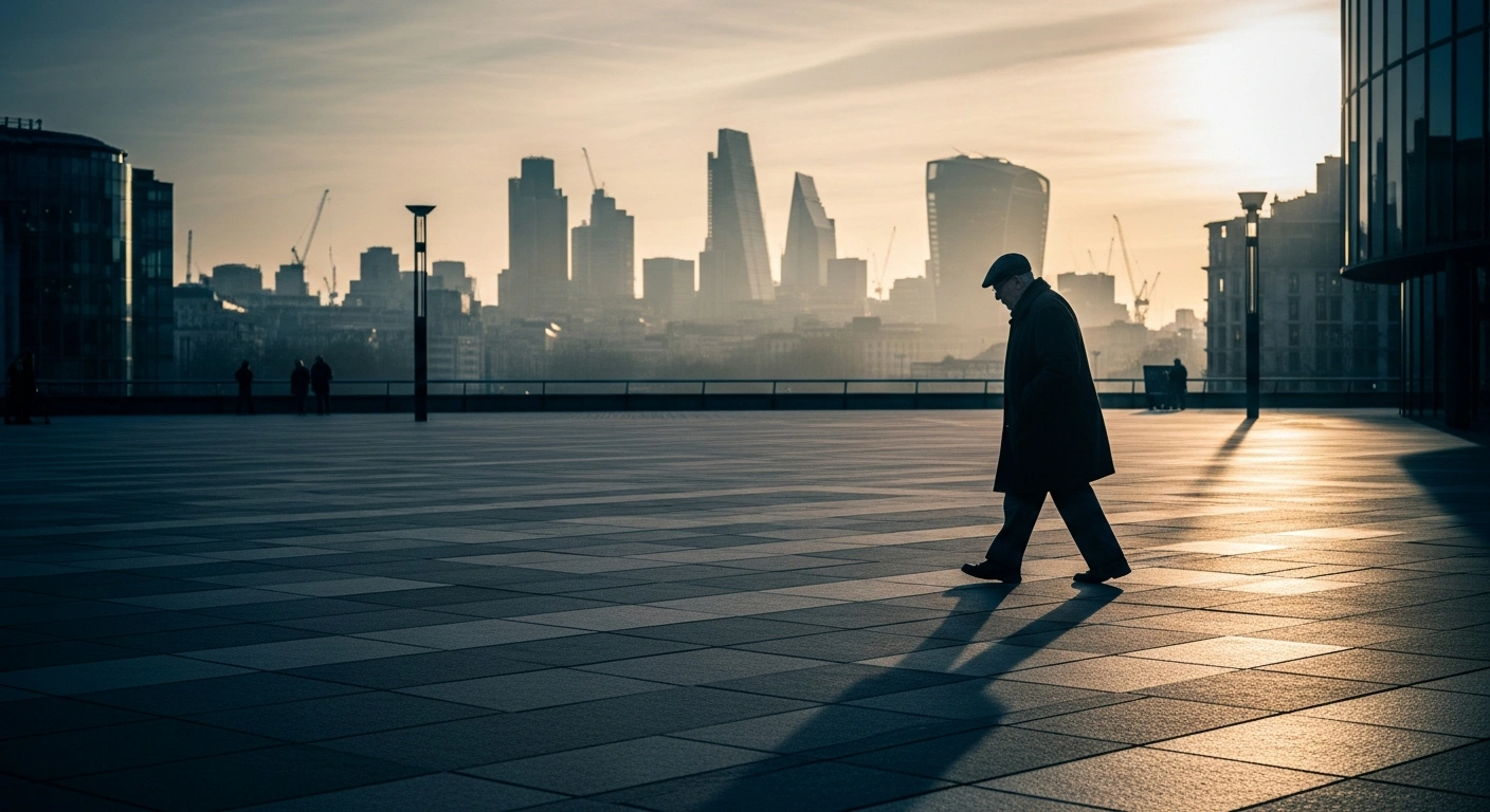 An elderly person walks alone through a city square, representing the potential impact of raising the United Kingdom state pension age to 75 due to an aging population.