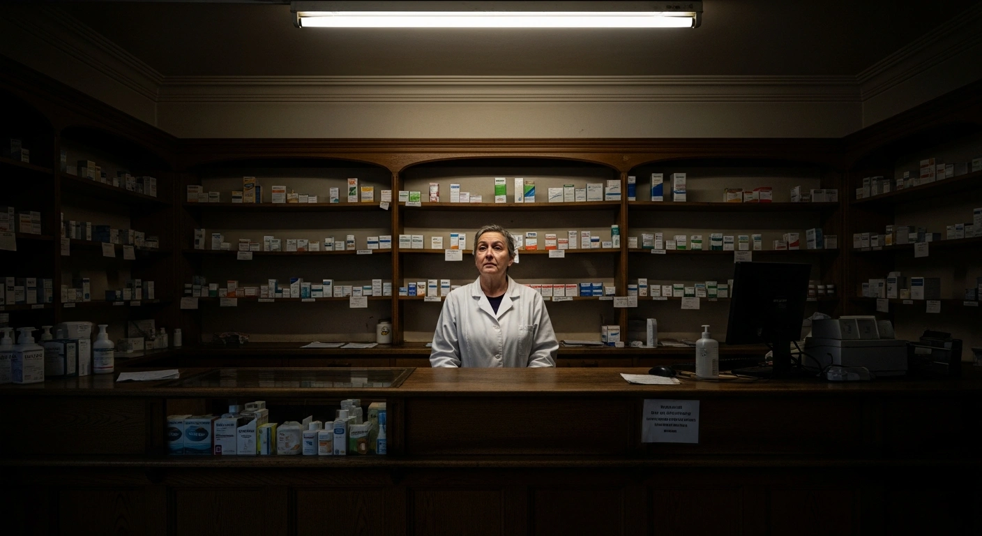 A somber, dimly lit interior of a traditional UK pharmacy features mostly empty shelves and a lone, weary pharmacist standing behind a worn counter, symbolizing the severe financial pressures threatening closures and jeopardizing essential patient services.