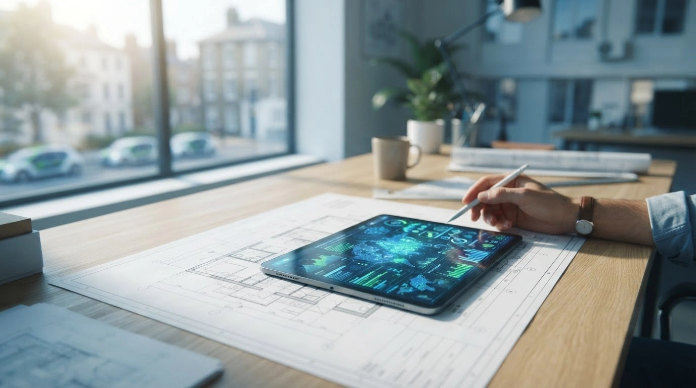 A digital tablet displaying AI-driven planning software sits on a desk next to architectural blueprints to represent UK government planning reforms.