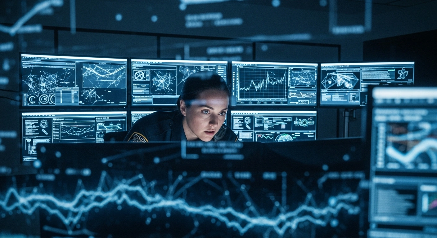 A uniformed UK police officer in a high-tech operations room analyzes complex digital evidence displayed on multiple screens, reflecting the integration of AI tools like Palantir in criminal investigations, while subtle visual distortions hint at ethical and privacy concerns regarding data handling and potential for bias.