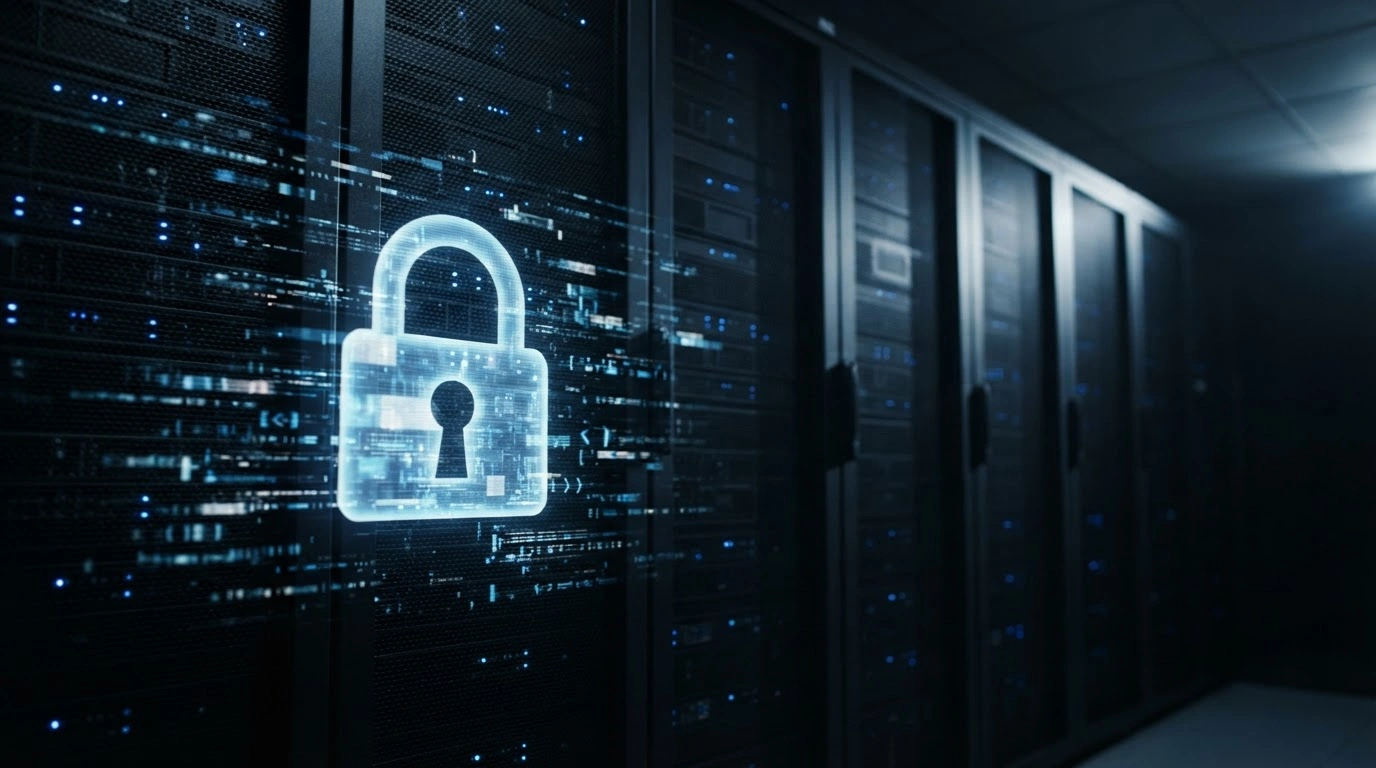 A dark server room with glowing blue lights represents the vulnerability of UK police sensitive data stored on an insecure cloud platform.