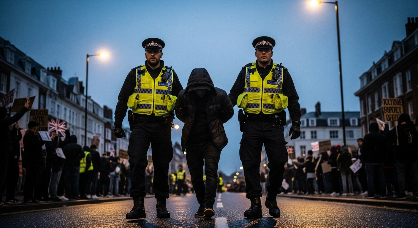 A low-angle, wide shot depicts a hooded protestor being arrested by two police officers in riot gear on a rain-slicked UK street at dusk, with a blurred crowd in the background, symbolizing the arrests of individuals supporting Palestine Action during Defend Our Juries protests under the Terrorism Act 2000.
