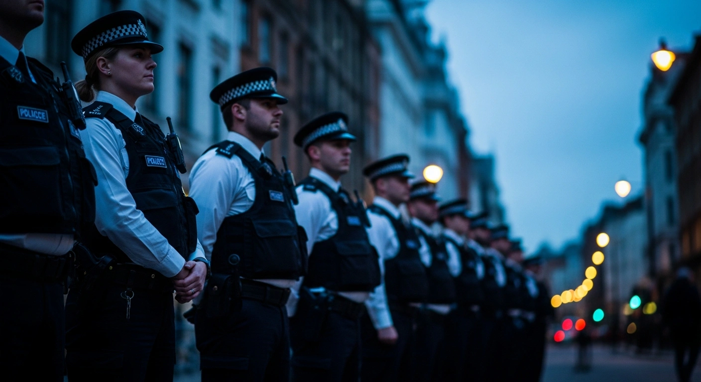A line of police officers stands in formation during a public demonstration in the United Kingdom to enforce the law against support for extremist ideologies.