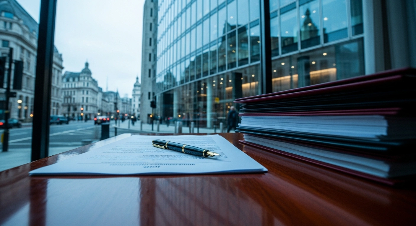 A professional office desk with official documents represents the UK government's new policy to limit overseas political donations.