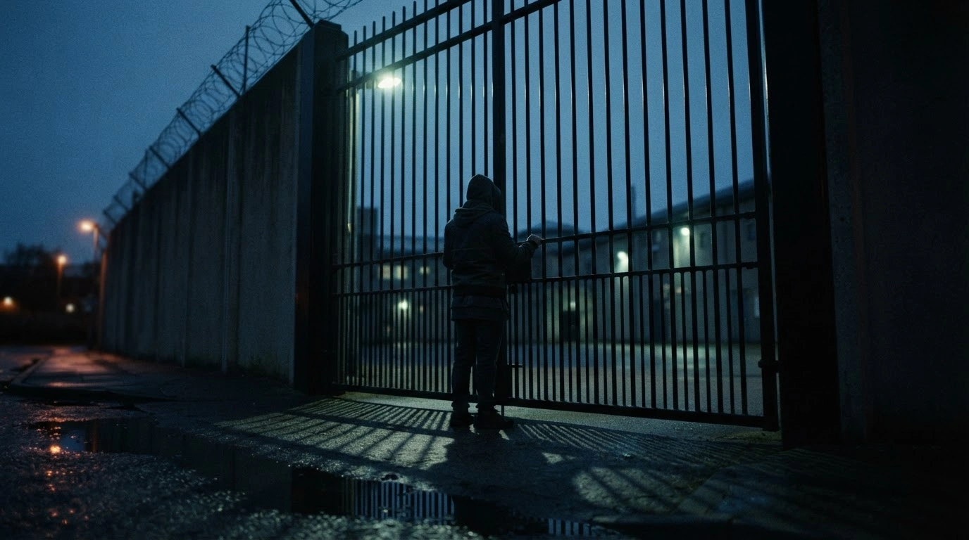 A concerned parent stands outside a prison gate in the United Kingdom, reflecting public fears over the early release of domestic abuse offenders.