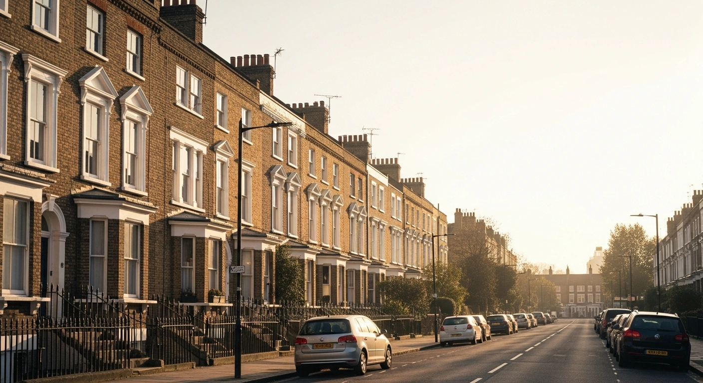 A row of traditional British townhouses stands in the warm sunlight, representing the stable and resilient UK property market despite global economic uncertainty.