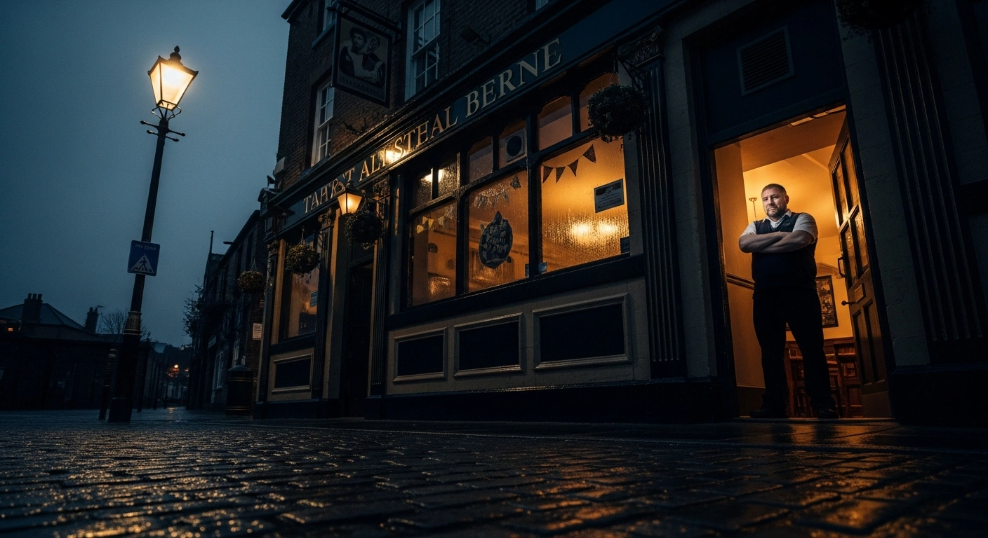A lone pub landlord stands defiantly in the doorway of a traditional British pub at dusk, rain-slicked cobblestones reflecting the light, symbolizing the UK pub sector's opposition to planned business rates increases and tax hikes.