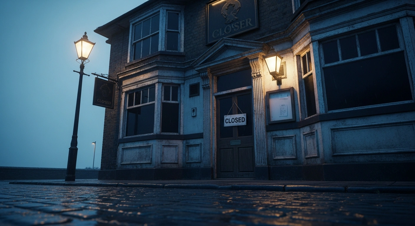 A shuttered British pub stands empty on a rainy street, representing the decline of hospitality venues across the United Kingdom.